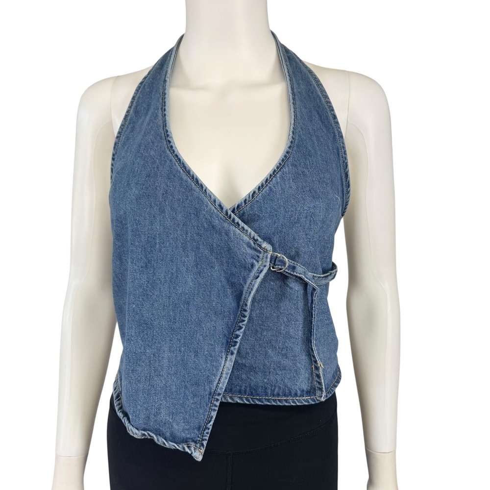 Zara Denim Halter Wrap Top Open Back Side Tie Blue Jean Crop Top Y2K Cotton S